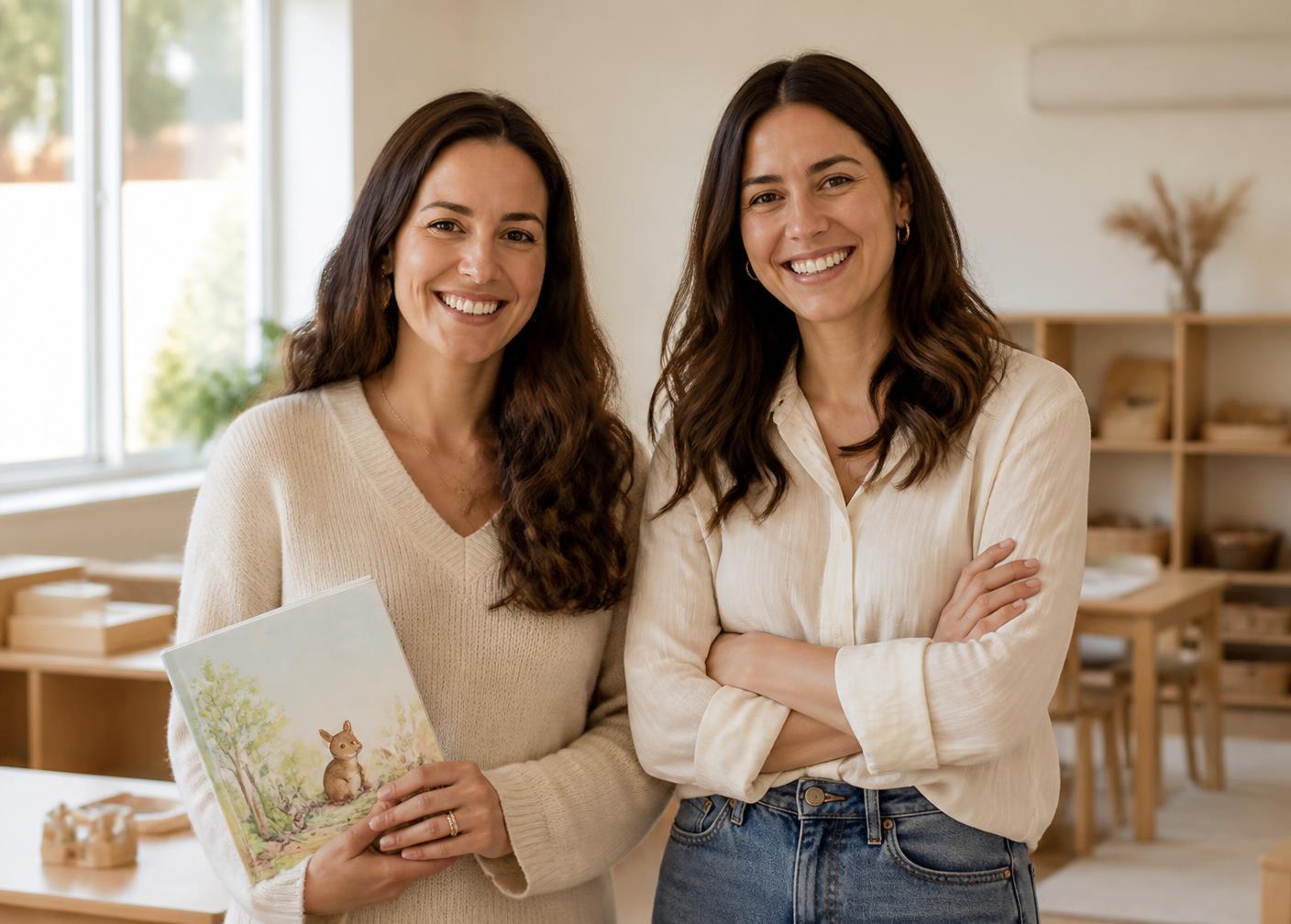 Deux fondatrices souriantes dans un espace d'école maternelle lumineux